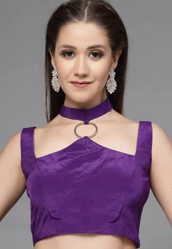 Solid Color Taffeta Silk Cut Out Blouse in Purple