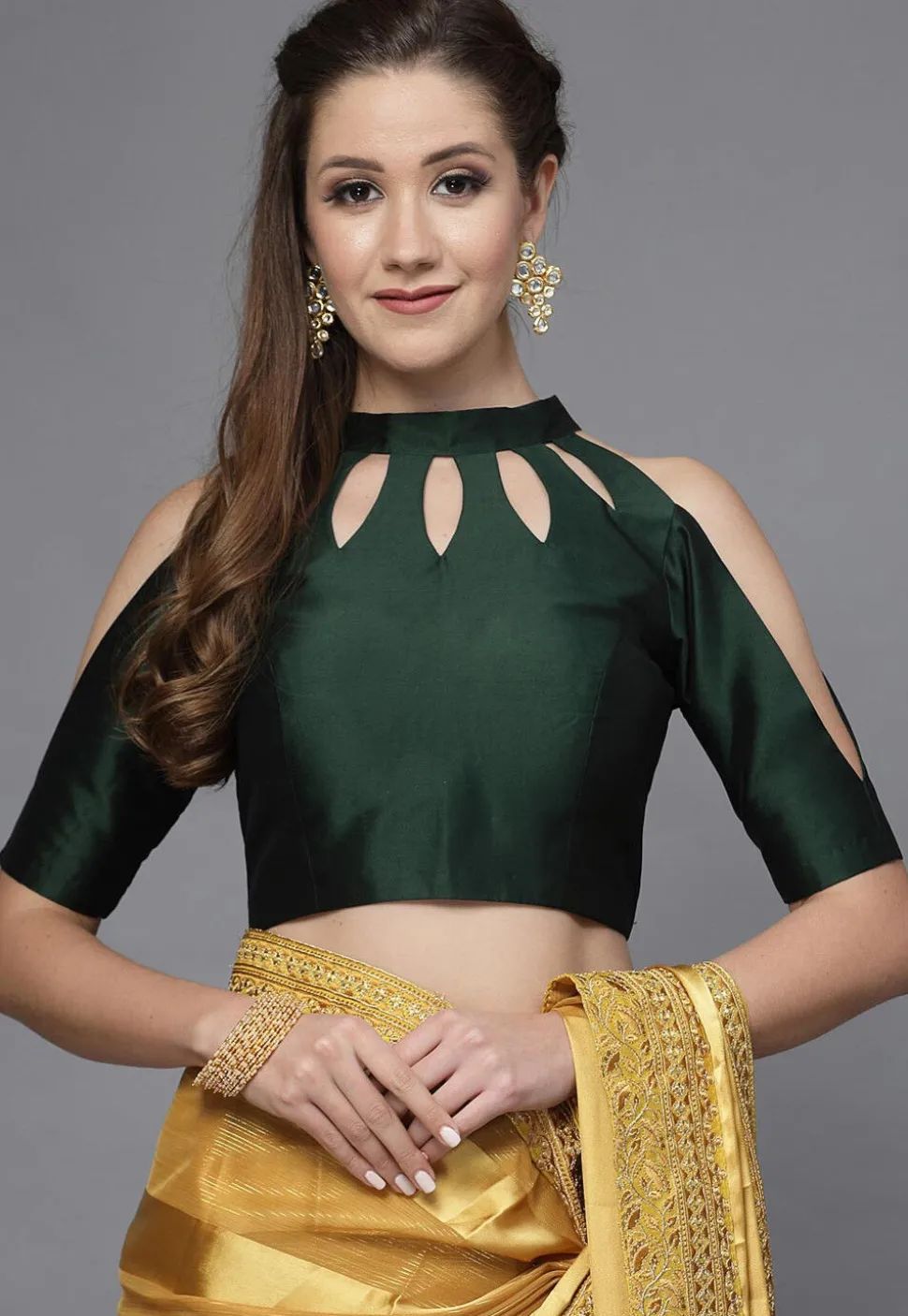 Solid Color Taffeta Silk Cut Out Blouse in Dark Green
