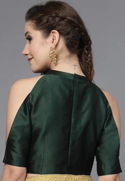 Solid Color Taffeta Silk Cut Out Blouse in Dark Green