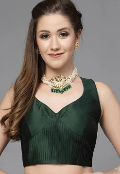 Solid Color Taffeta Silk Cross Back Blouse in Dark Green