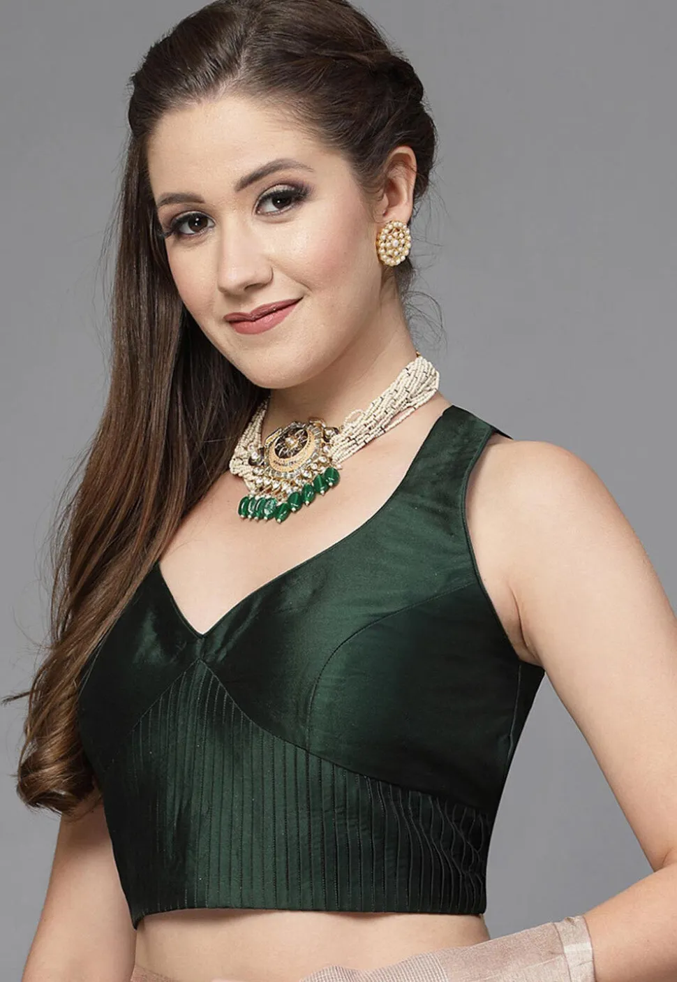 Solid Color Taffeta Silk Cross Back Blouse in Dark Green