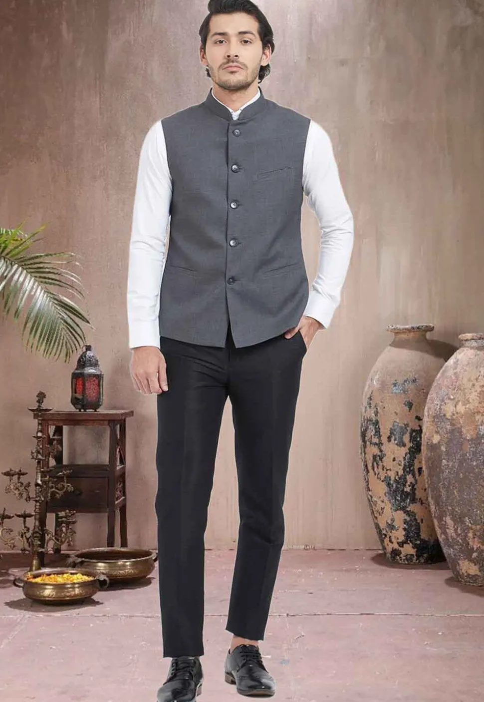 Solid Color Terry Cotton Nehru Jacket in Grey