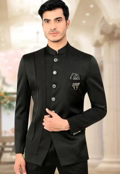 Solid Color Terry Rayon and Satin Jodhpuri Jacket in Black