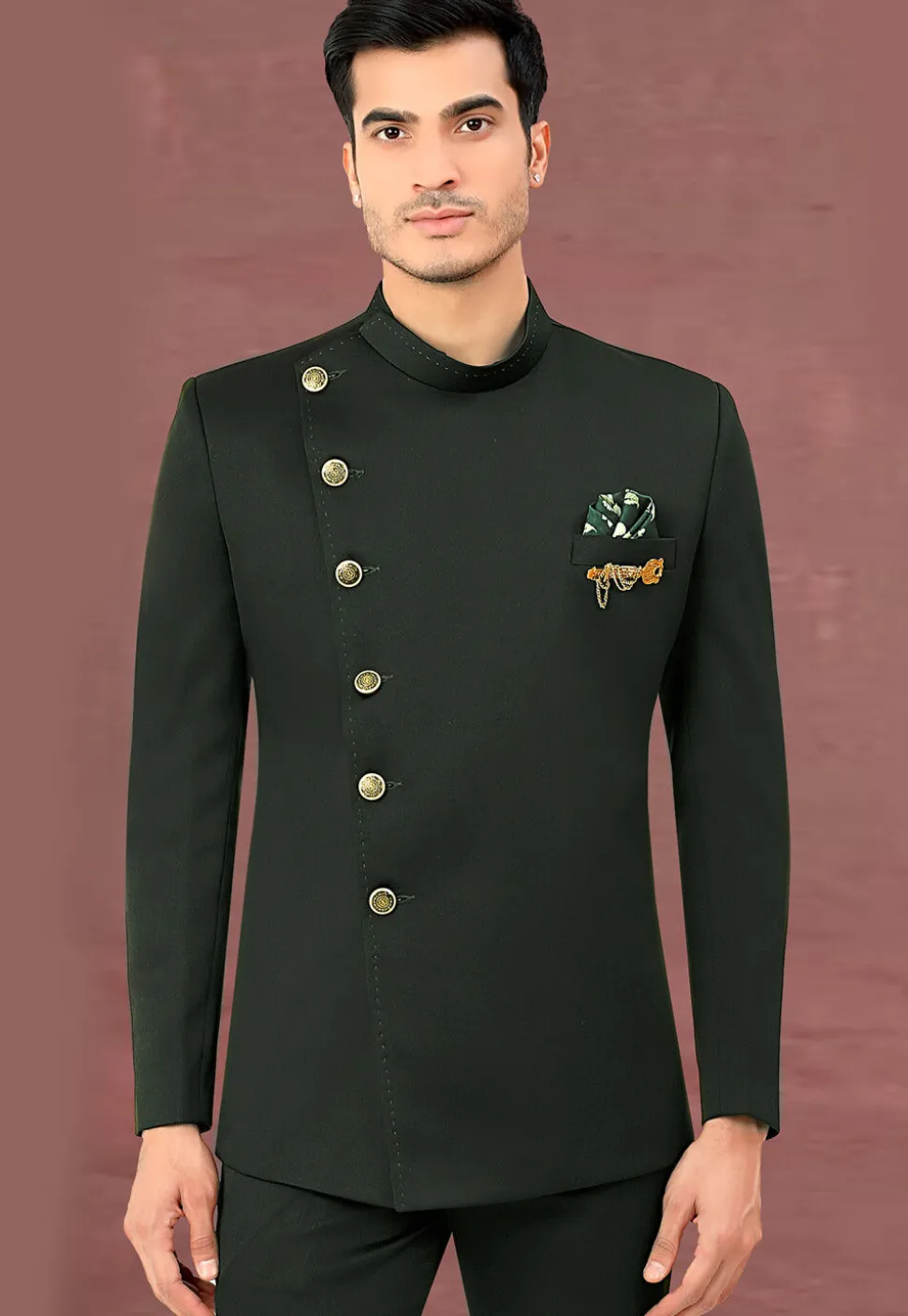 Solid Color Terry Rayon Asymmetric Jodhpuri Suit in Dark Green