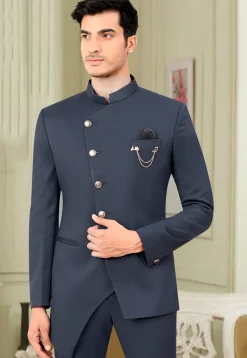 Solid Color Terry Rayon Asymmetric Jodhpuri Jacket in Dusty Blue