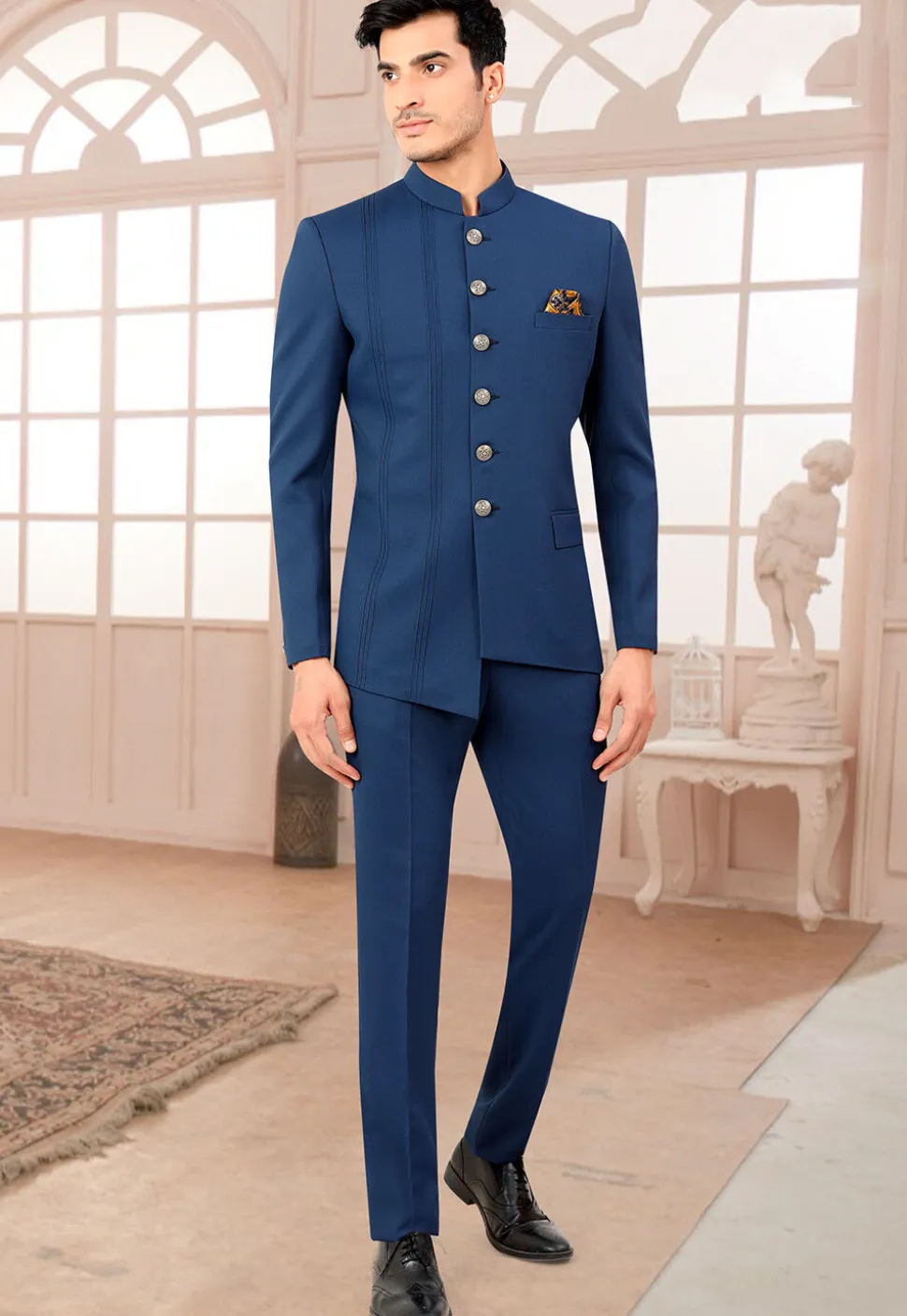 Solid Color Terry Rayon Asymmetric Jodhpuri Suit in Dark Blue