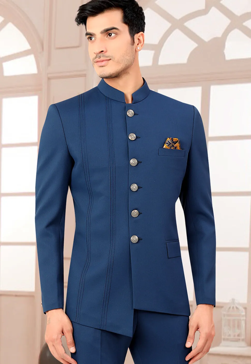 Solid Color Terry Rayon Asymmetric Jodhpuri Suit in Dark Blue