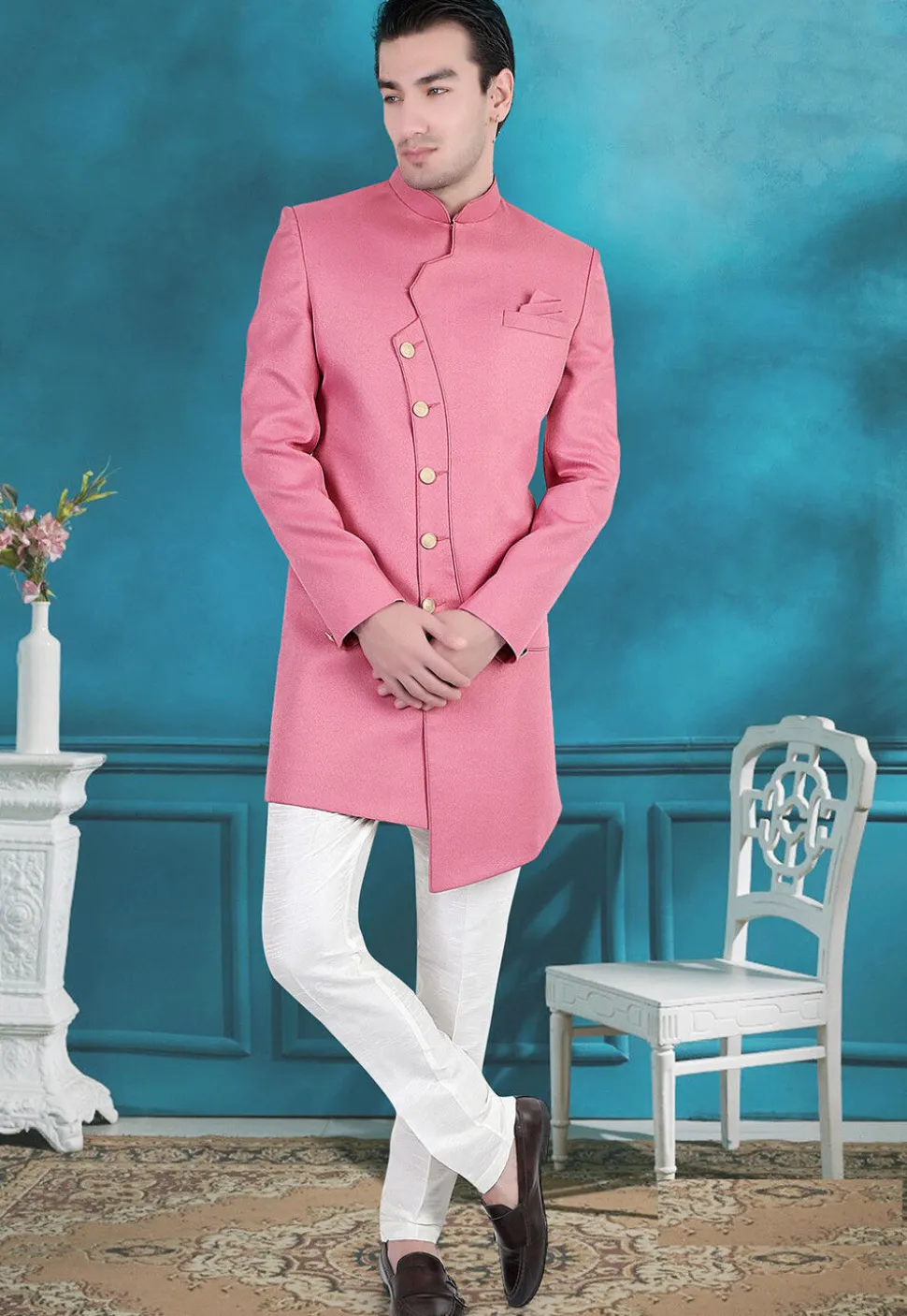 Solid Color Terry Rayon Asymmetric Sherwani in Pink