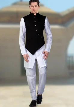 Solid Color Terry Rayon Asymmetric Nehru Jacket in Black