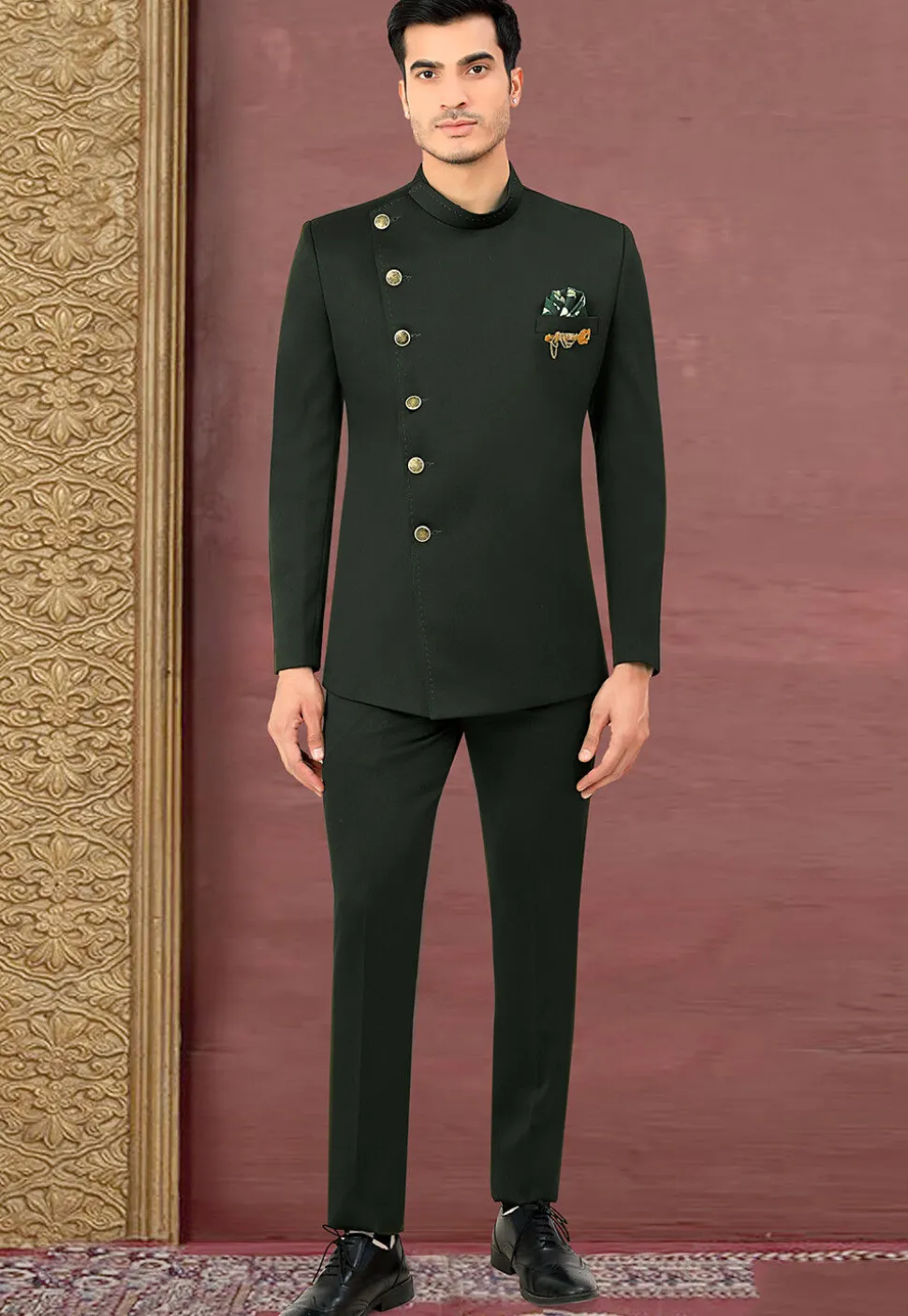 Solid Color Terry Rayon Asymmetric Jodhpuri Jacket in Dark Green