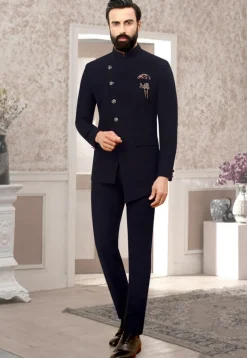 Solid Color Terry Rayon Asymmetric Jodhpuri Suit in Navy Blue