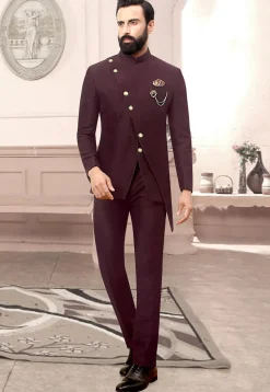 Solid Color Terry Rayon Asymmetric Jodhpuri Suit in Wine