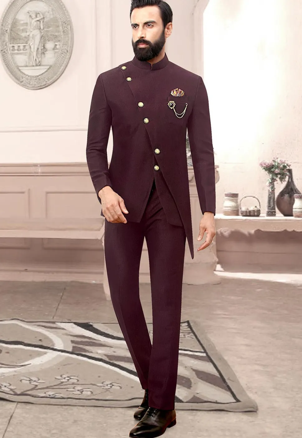 Solid Color Terry Rayon Asymmetric Jodhpuri Suit in Wine