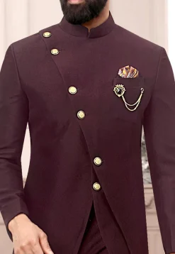 Solid Color Terry Rayon Asymmetric Jodhpuri Suit in Wine