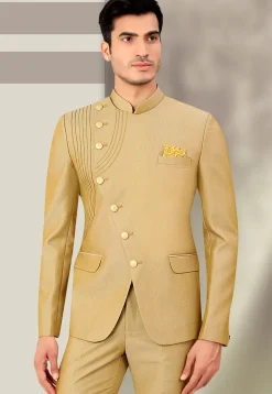 Solid Color Terry Rayon Jodhpuri Jacket in Beige
