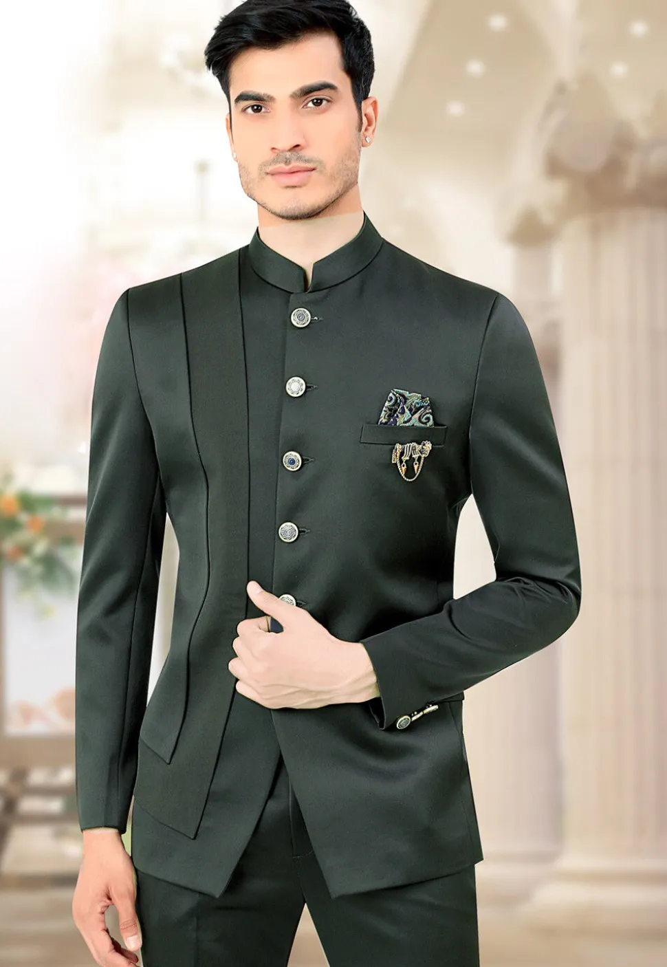 Solid Color Terry Rayon Jodhpuri Jacket in Dark Green