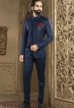 Solid Color Terry Rayon Jodhpuri Suit in Navy Blue