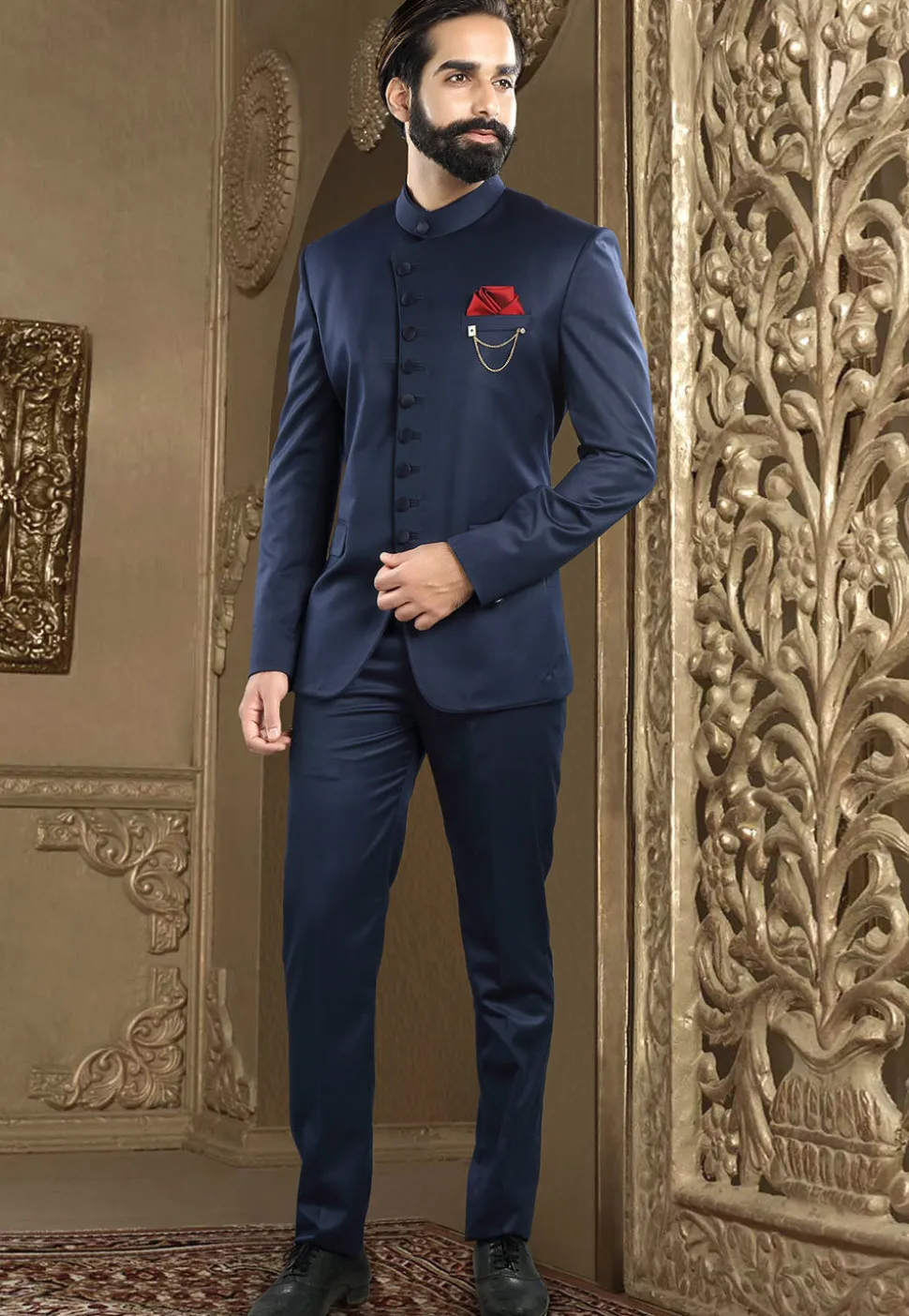 Solid Color Terry Rayon Jodhpuri Suit in Navy Blue