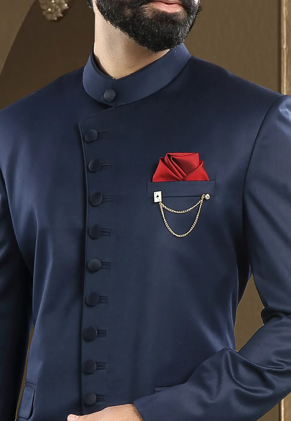 Solid Color Terry Rayon Jodhpuri Suit in Navy Blue