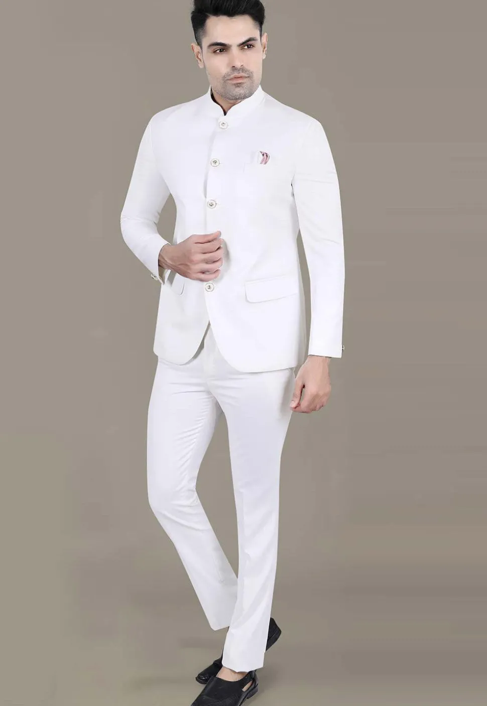 Solid Color Terry Rayon Jodhpuri Jacket in Off White