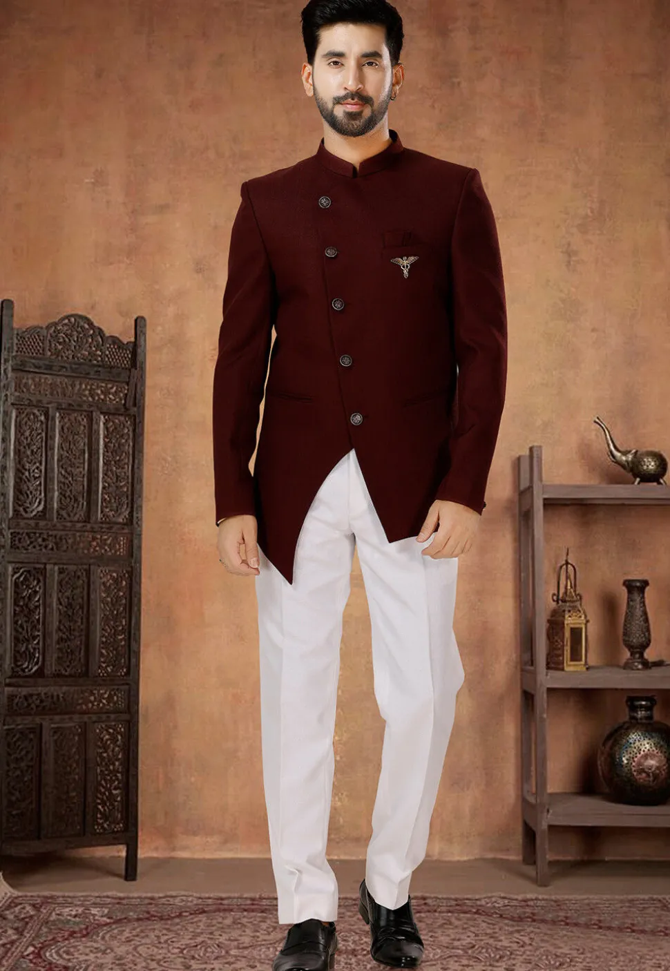 Solid Color Terry Rayon Jodhpuri Suit in Maroon