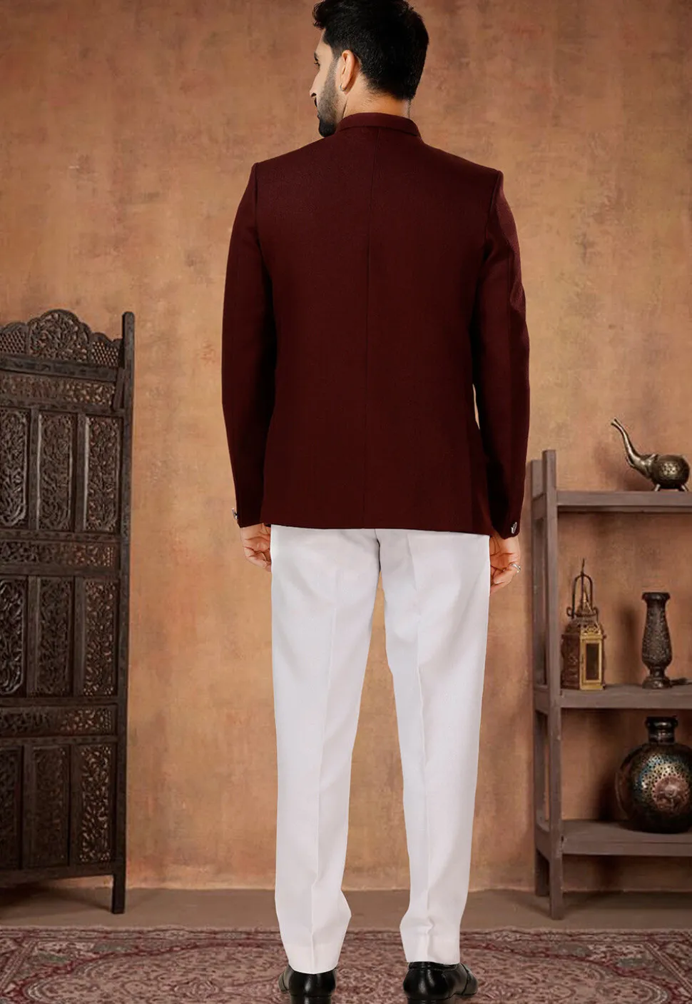Solid Color Terry Rayon Jodhpuri Suit in Maroon