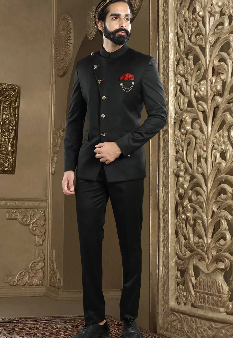 Solid Color Terry Rayon Jodhpuri Suit in Black