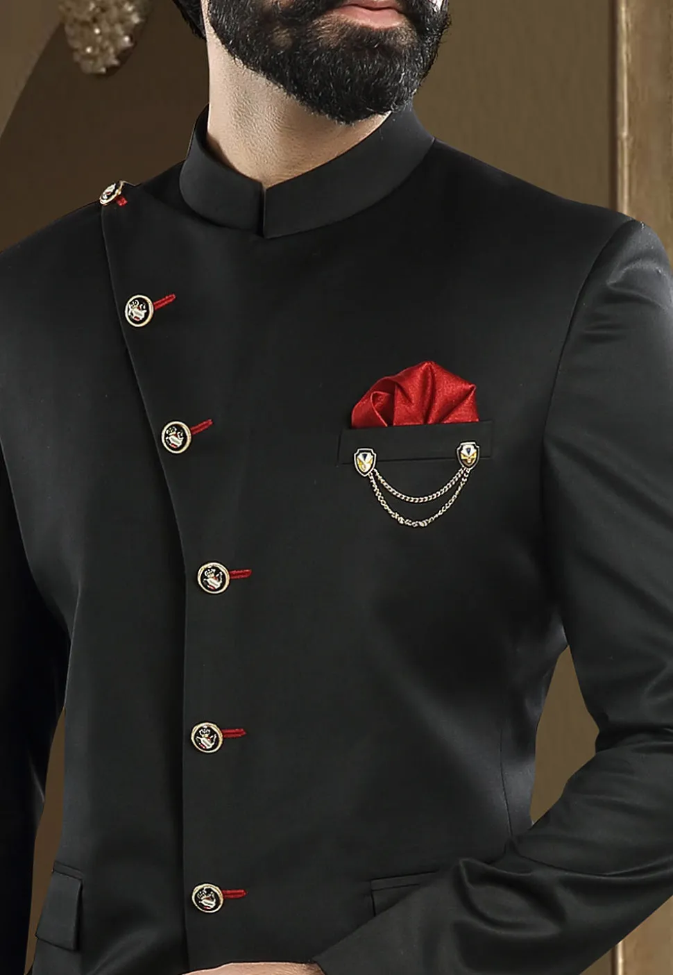 Solid Color Terry Rayon Jodhpuri Suit in Black