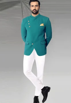 Solid Color Terry Rayon Jodhpuri Suit in Teal Blue