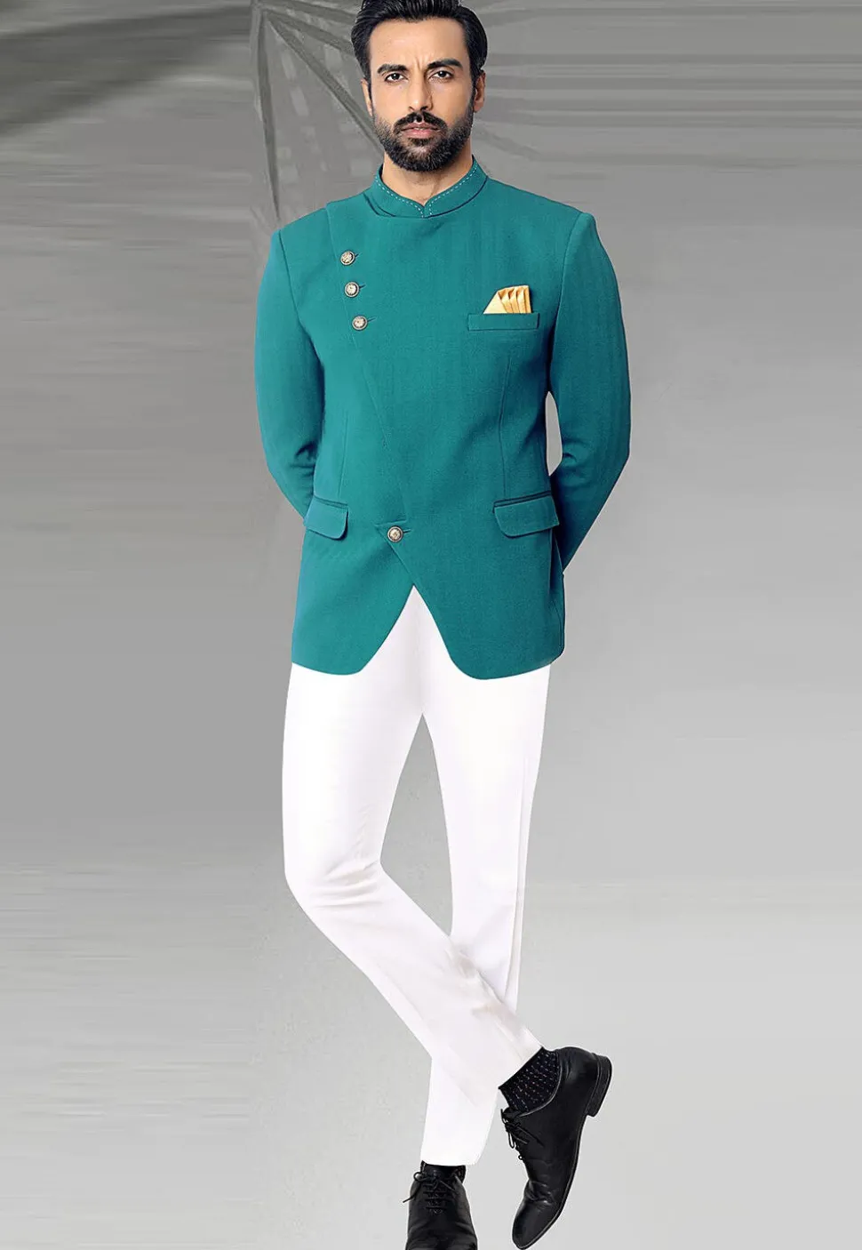 Solid Color Terry Rayon Jodhpuri Suit in Teal Blue