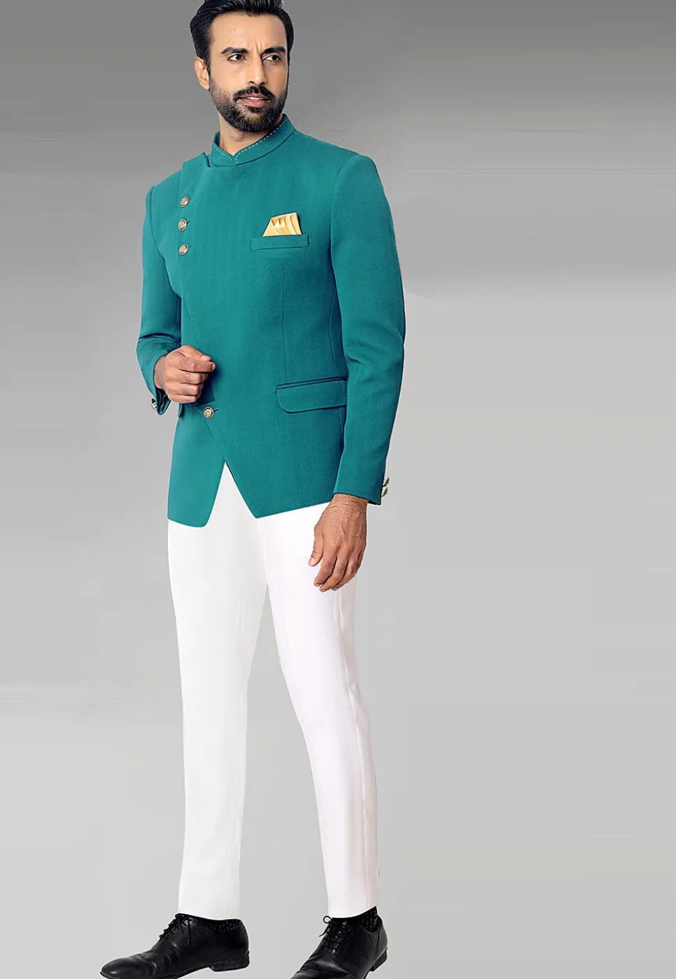 Solid Color Terry Rayon Jodhpuri Suit in Teal Blue