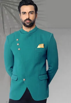 Solid Color Terry Rayon Jodhpuri Jacket in Teal Blue