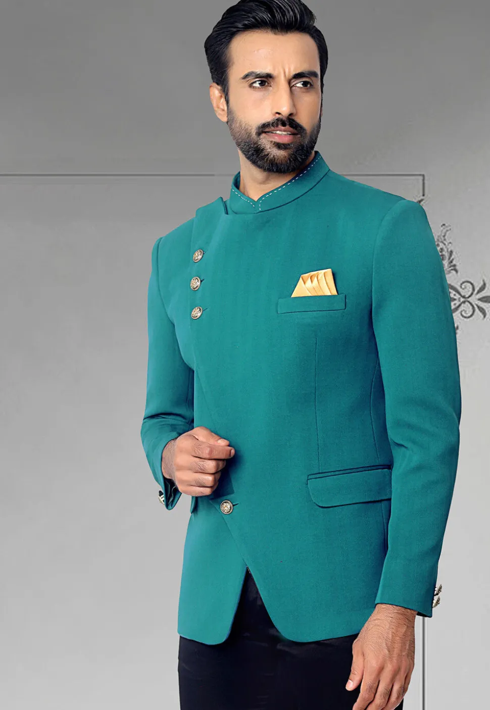 Solid Color Terry Rayon Jodhpuri Jacket in Teal Blue