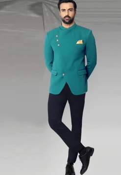 Solid Color Terry Rayon Jodhpuri Jacket in Teal Blue