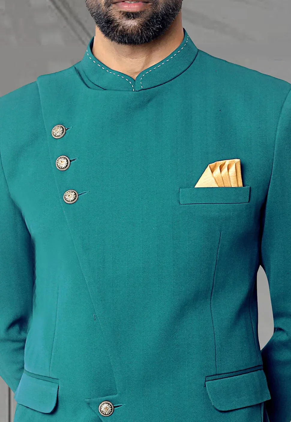 Solid Color Terry Rayon Jodhpuri Jacket in Teal Blue