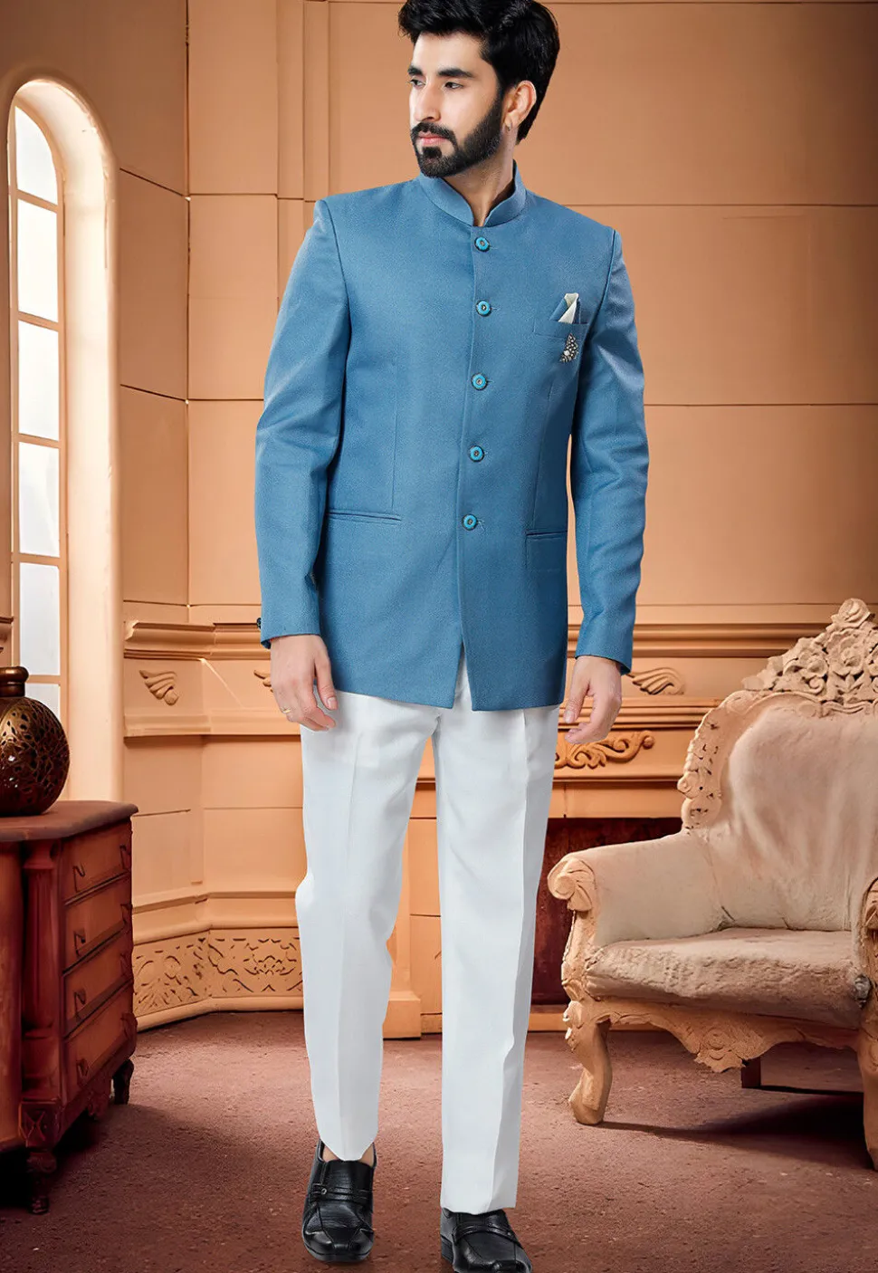 Solid Color Terry Rayon Jodhpuri Suit in Blue