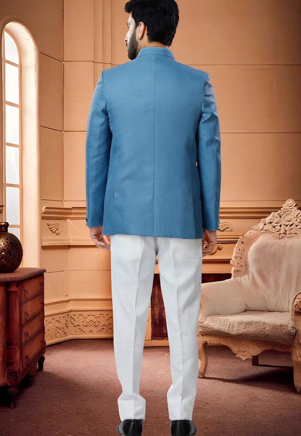 Solid Color Terry Rayon Jodhpuri Suit in Blue