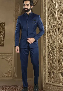 Solid Color Terry Rayon Jodhpuri Suit in Navy Blue