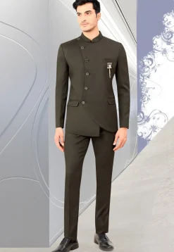 Solid Color Terry Rayon Jodhpuri Suit in Dark Grey