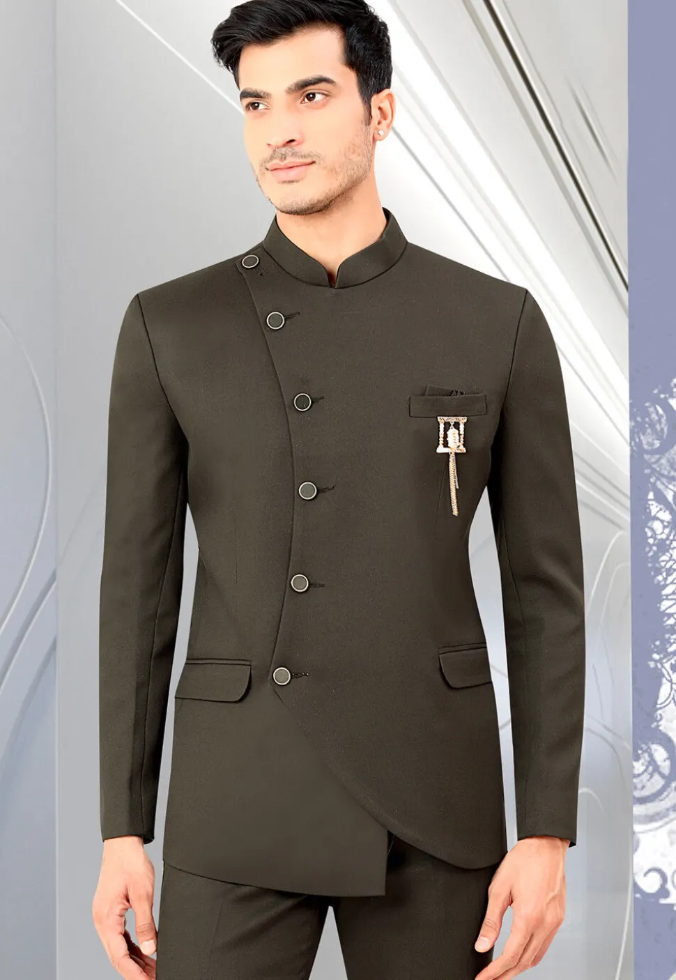 Solid Color Terry Rayon Jodhpuri Suit in Dark Grey