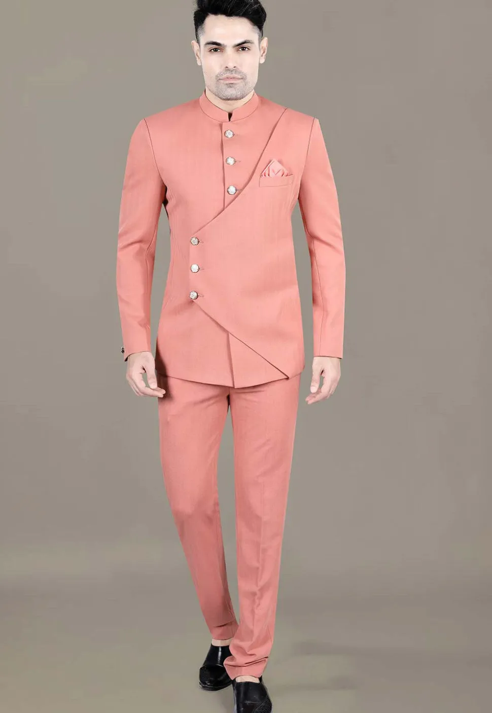Solid Color Terry Rayon Jodhpuri Jacket in Peach