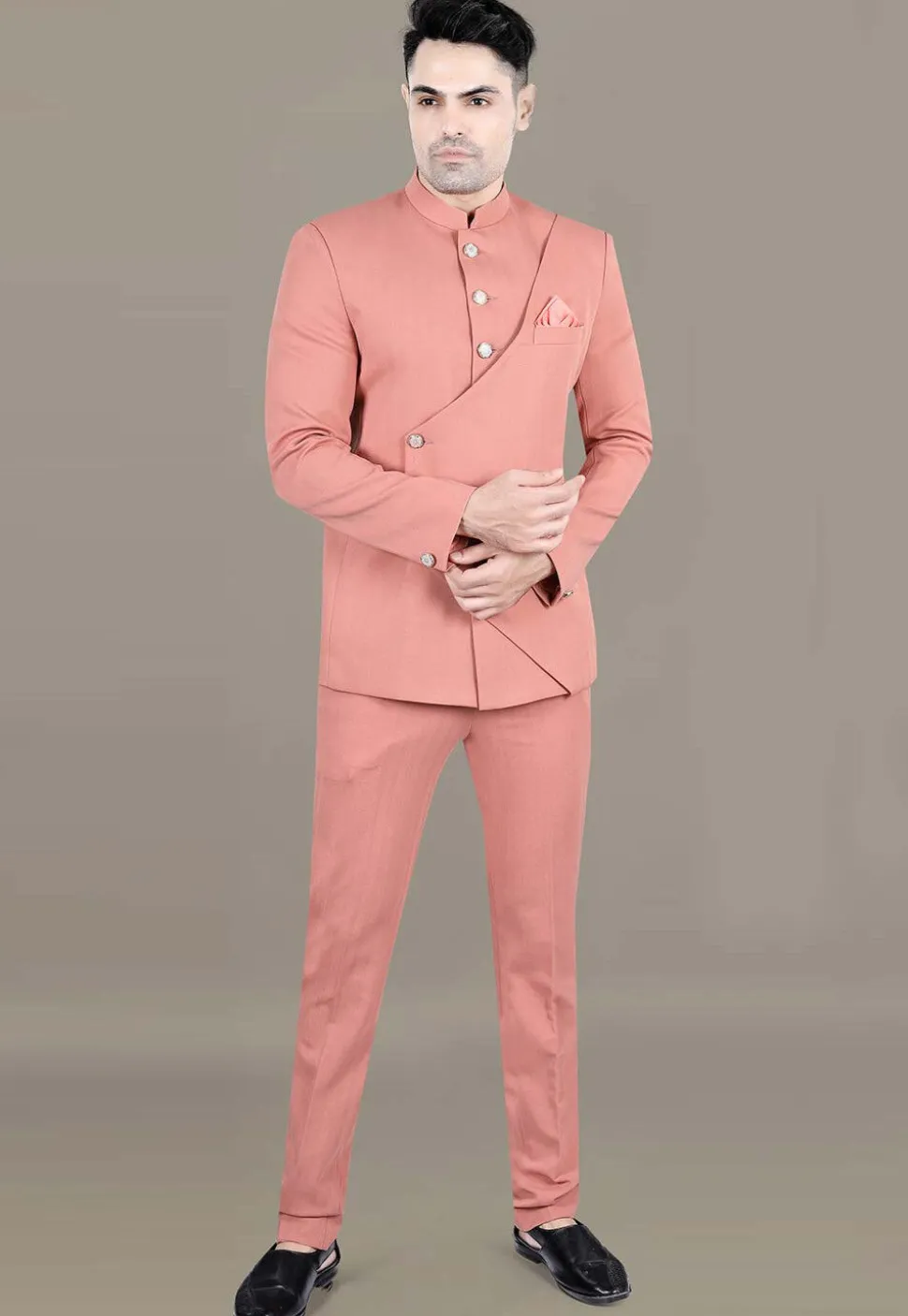 Solid Color Terry Rayon Jodhpuri Jacket in Peach