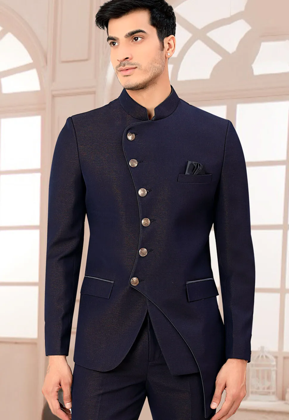 Solid Color Terry Rayon Jodhpuri Suit in Navy Blue