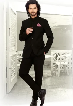 Solid Color Terry Rayon Jodhpuri Suit in Black