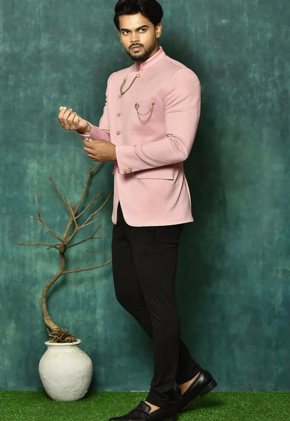 Solid Color Terry Rayon Jodhpuri Suit in Pink