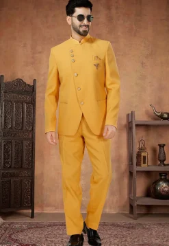Solid Color Terry Rayon Jodhpuri Suit in Yellow