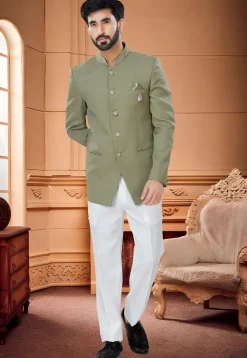 Solid Color Terry Rayon Jodhpuri Suit in Olive Green
