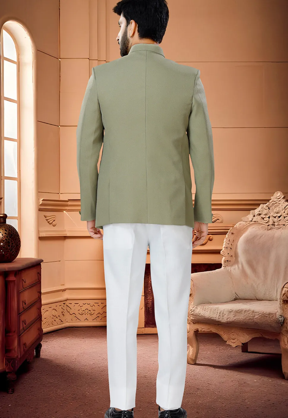 Solid Color Terry Rayon Jodhpuri Suit in Olive Green