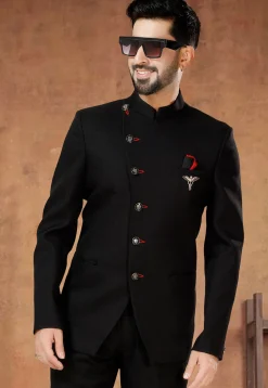 Solid Color Terry Rayon Jodhpuri Suit in Black