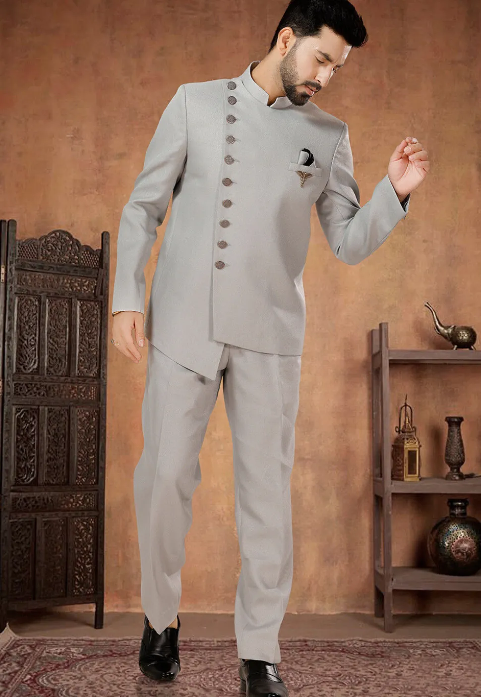 Solid Color Terry Rayon Jodhpuri Suit in Grey